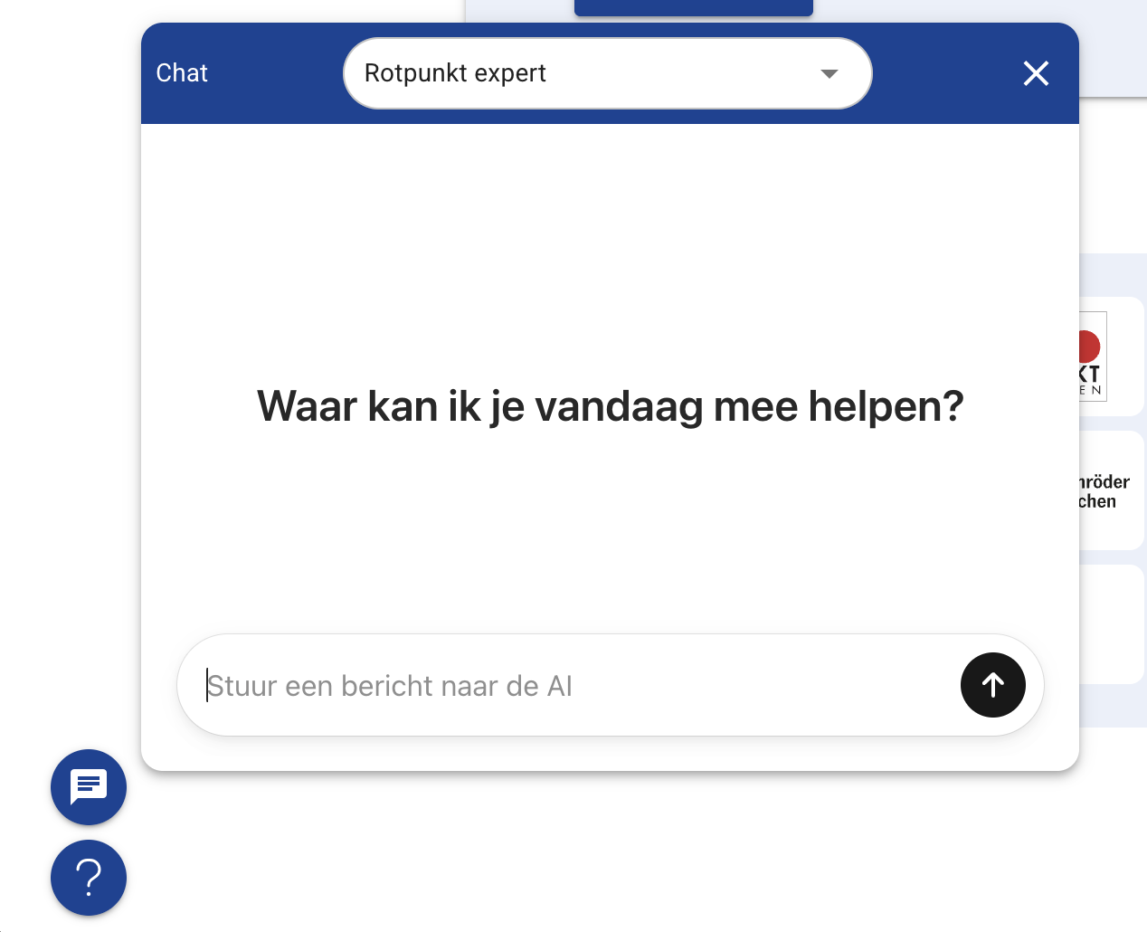 Voorbeeldweergave van HagroGPT in het klantenportaal: chatvenster met Rotpunkt expert, welkomstvraag en invoerveld.