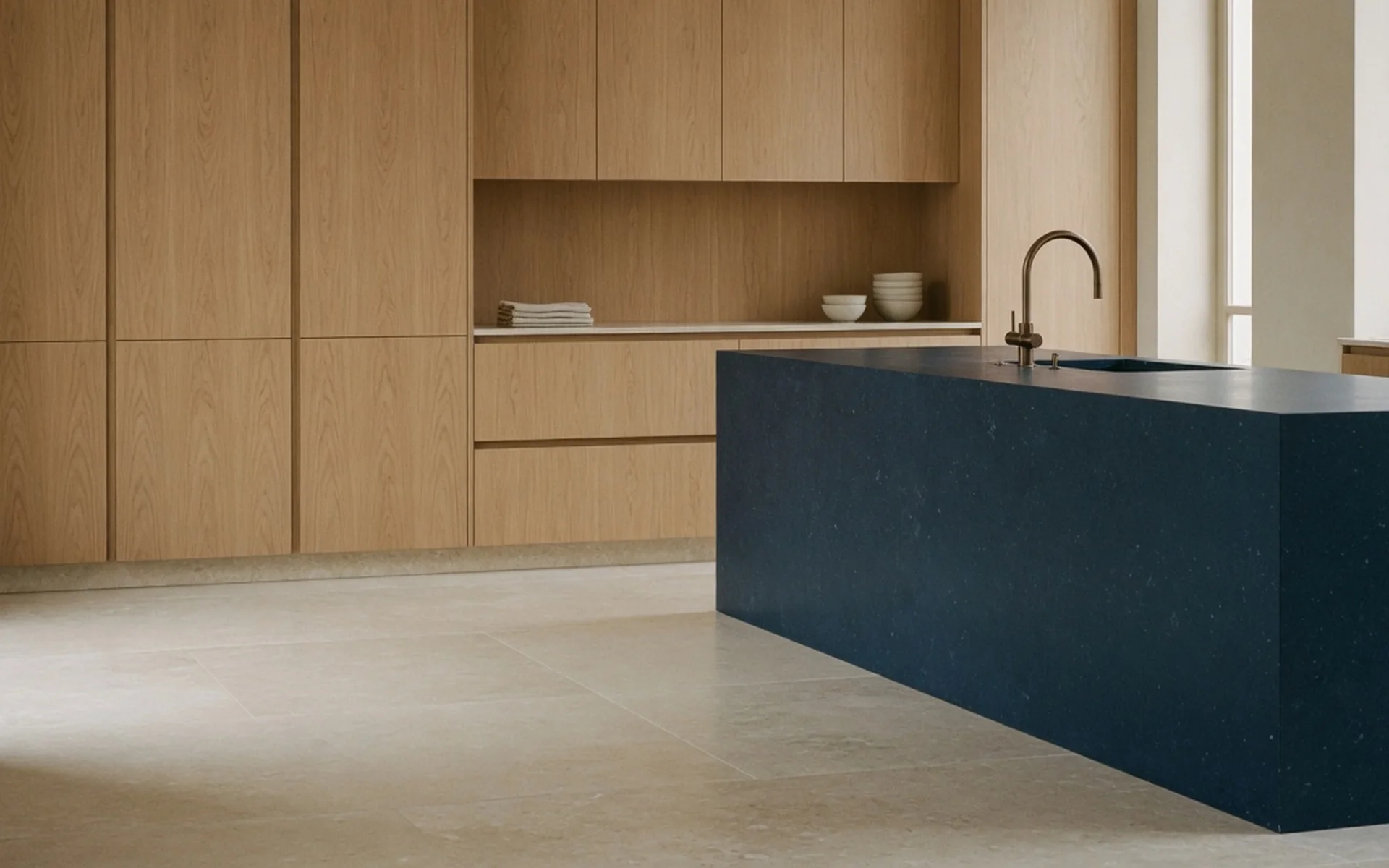 Placeholder: rustige showroom met eiken kasten en een navy eiland. Vervang door eigen Hagro-beeld.