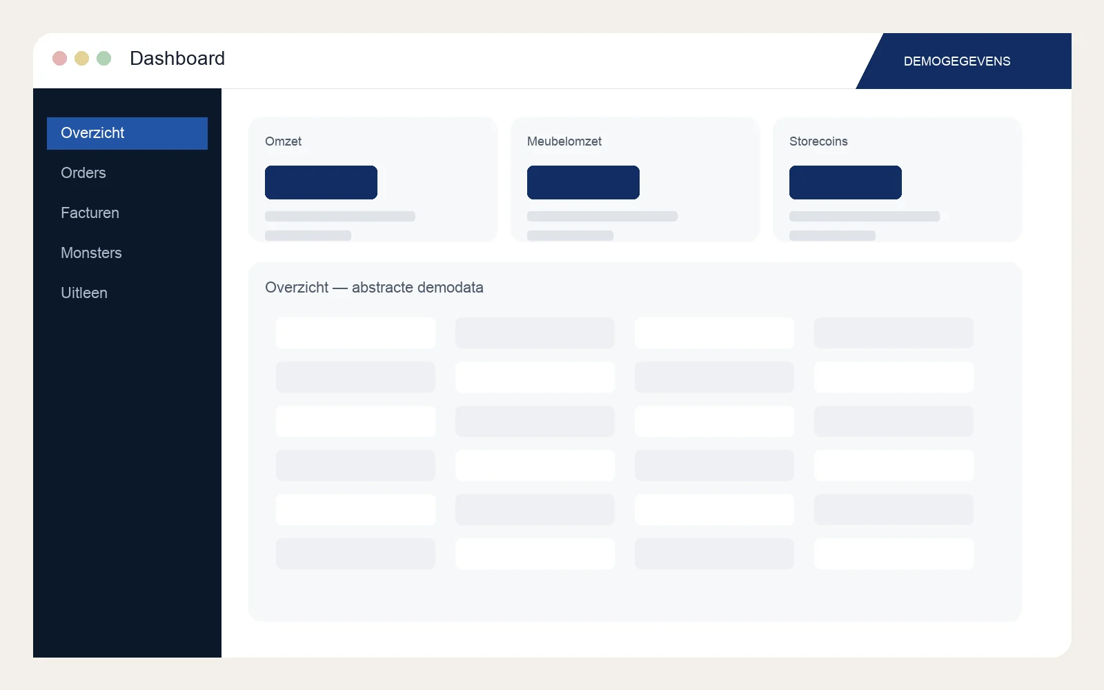 Demobeeld van het dashboard. Geen echte omzet- of klantgegevens.