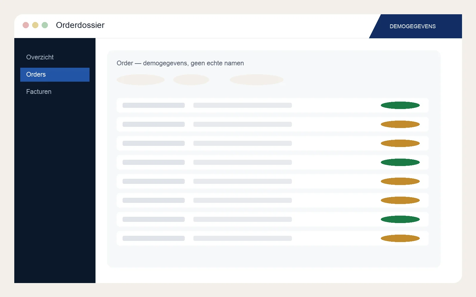 Demobeeld van een orderdossier. Geen echte bedrijfsnamen of consumentgegevens.