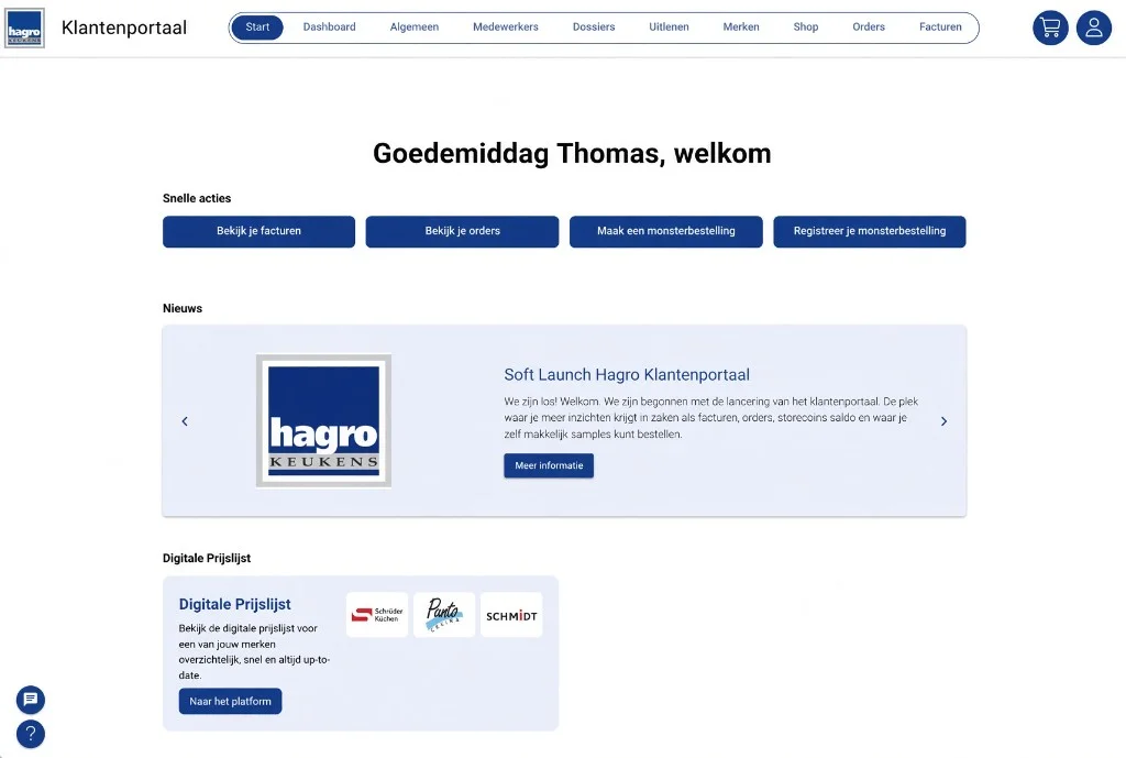 Voorbeeldweergave van de startpagina van het klantenportaal, met snelle acties en nieuws. Demogegevens.