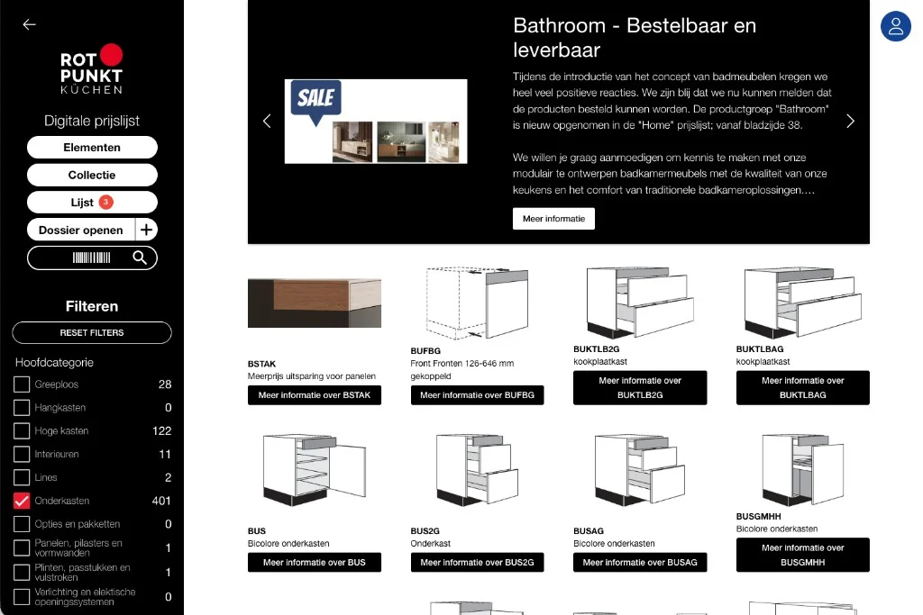 Voorbeeldweergave van de Rotpunkt digitale prijslijst, met filters, onderkasten en productgrid. Demogegevens.